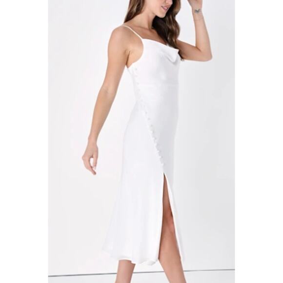 LULU'S SZ M Slinking Out Loud White Satin Side Button Slip Midi Dress NEW B85 - Picture 2 of 11